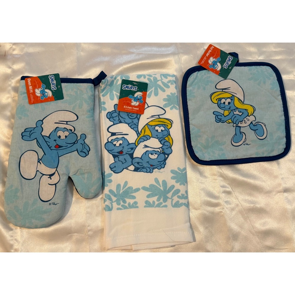 The Smurfs 3pc Kitchen Set NWT Oven Mitt Kitchen Towel Pot Holder Blue White